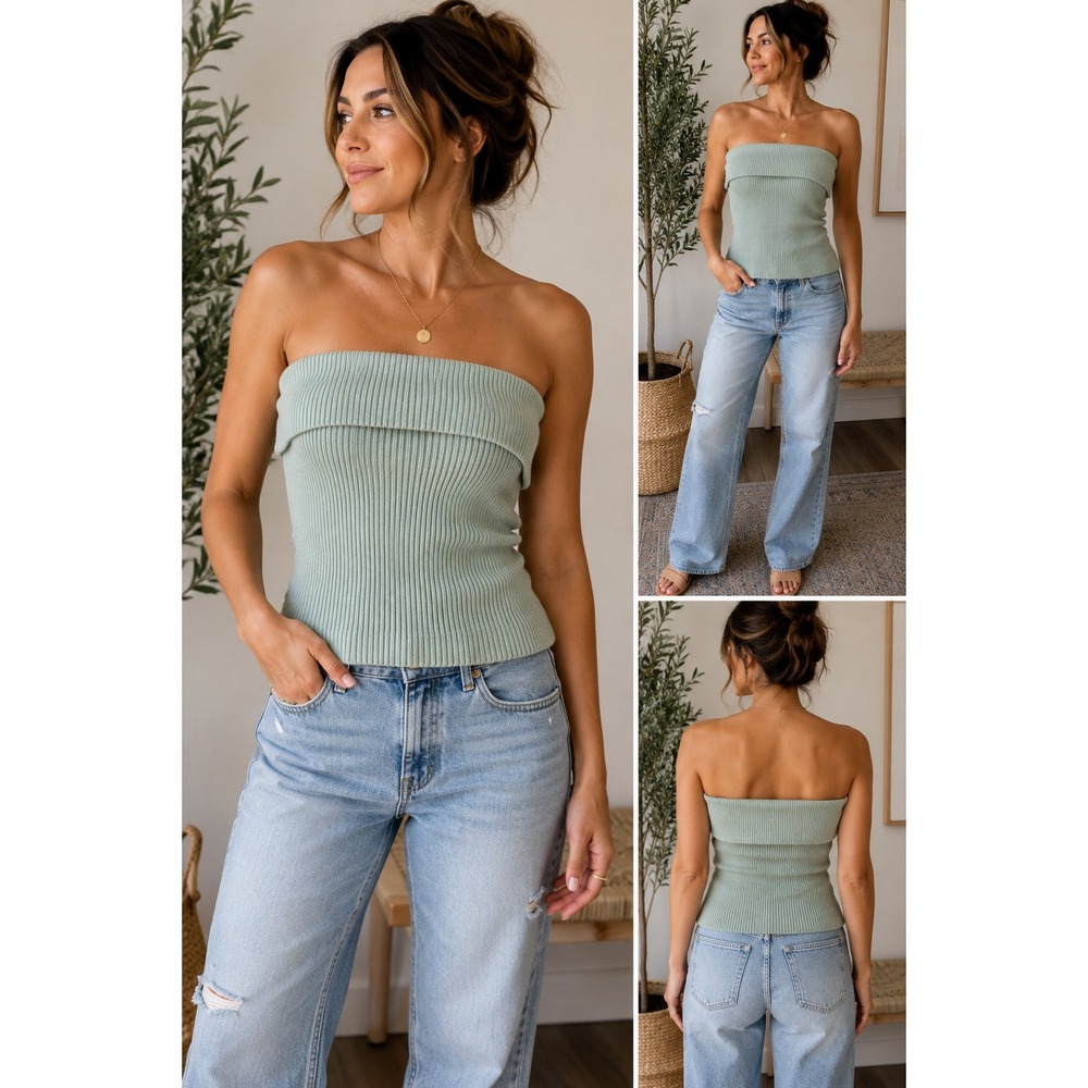 PacSun Tube Top Sage Green Ribbed Side Button Fold Over Minimalist XL